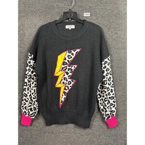Crazy Train Sweater Womens Large Black Leopard Sleeve Lightning Bolt Pink